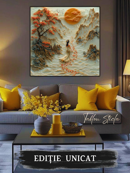 Mockup 3 – Tablou pentru living – Păsările din zori: Un cer cald, o lună plină și spațiu pentru respirație, print UV pe sticlă securizată | Art-Zen