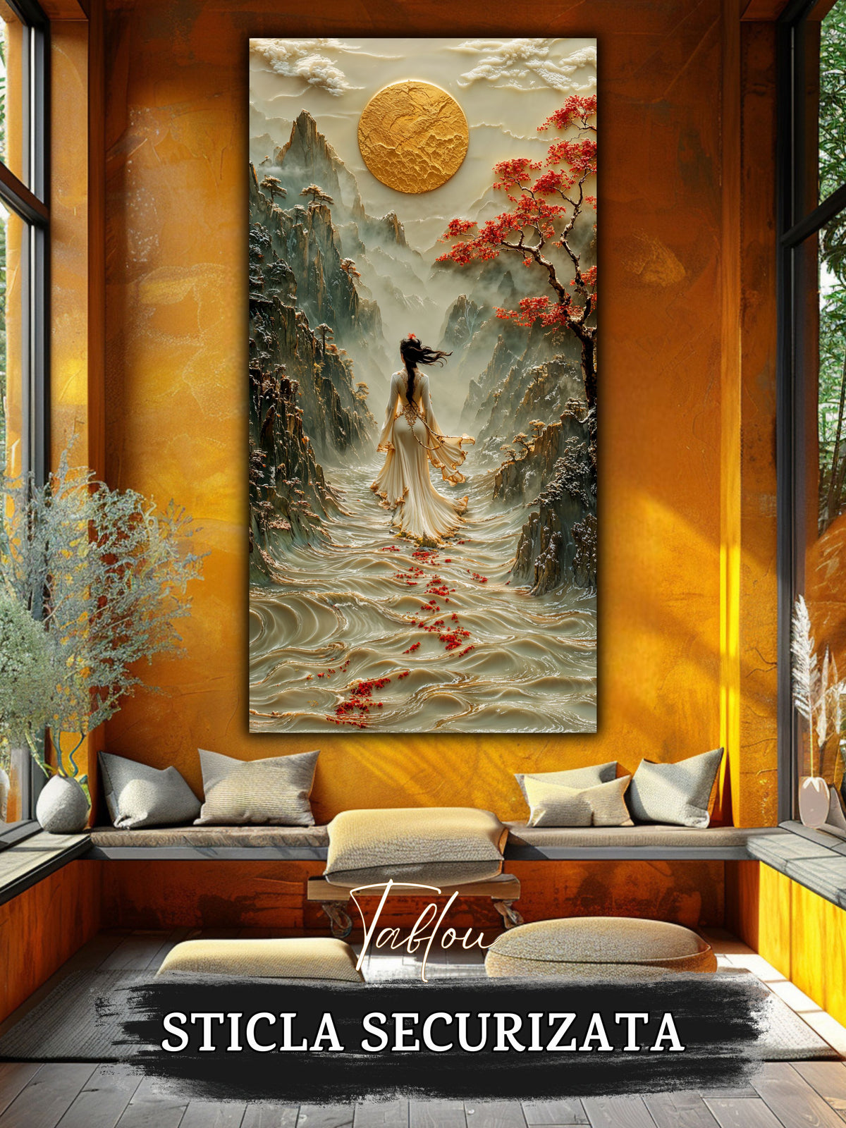 Mockup 3 – Tablou pentru living – Acolo unde curge cerul: Valuri de lumină, munți și roșul discret al drumului, print UV pe sticlă securizată | Art-Zen