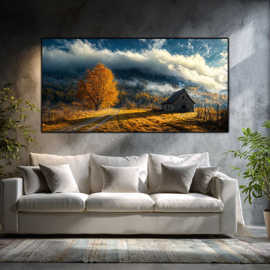 Tablouri moderne sufragerie „The Road to Stone” pe sticlă securizată – mockup într-un living contemporan