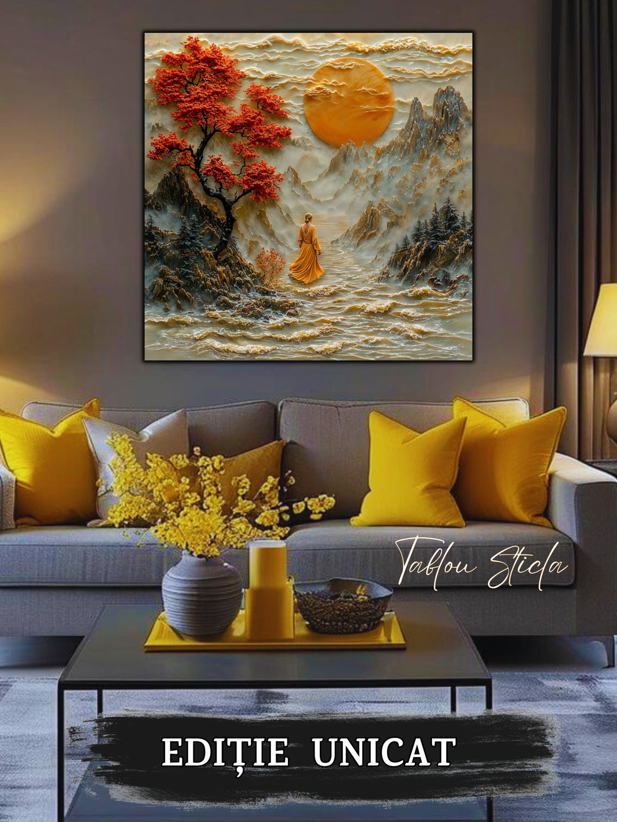 Mockup 3 – Tablou pentru living – Luna din valea albă: Un drum de apă, un cer auriu și relieful contemplativ, print UV pe sticlă securizată | Art-Zen