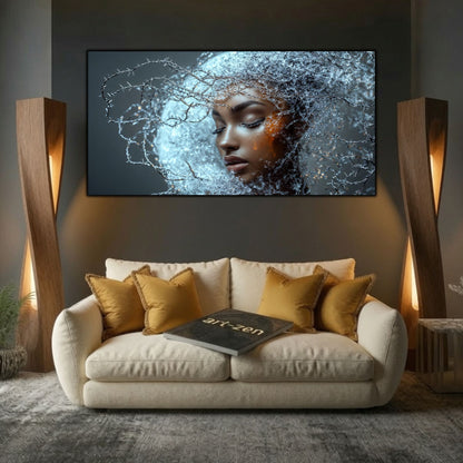 Tablou decorativ living Ambră sub Gheață, portret cu ramuri argintii și obraz auriu, deasupra canapelei crem.