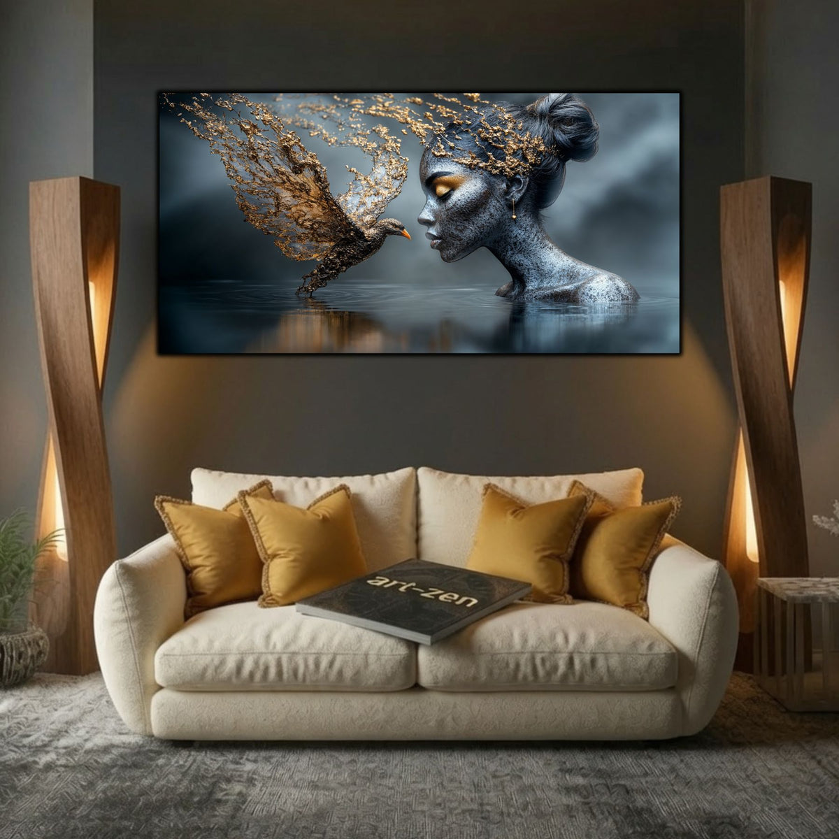 Tablouri moderne living Întâlnirea cu Pasărea de Aur expuse deasupra unei canapele crem, într-un decor contemporan cu accente aurii.