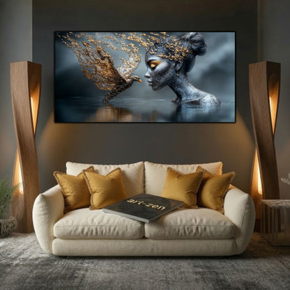 Tablouri moderne living Întâlnirea cu Pasărea de Aur expuse deasupra unei canapele crem, într-un decor contemporan cu accente aurii.