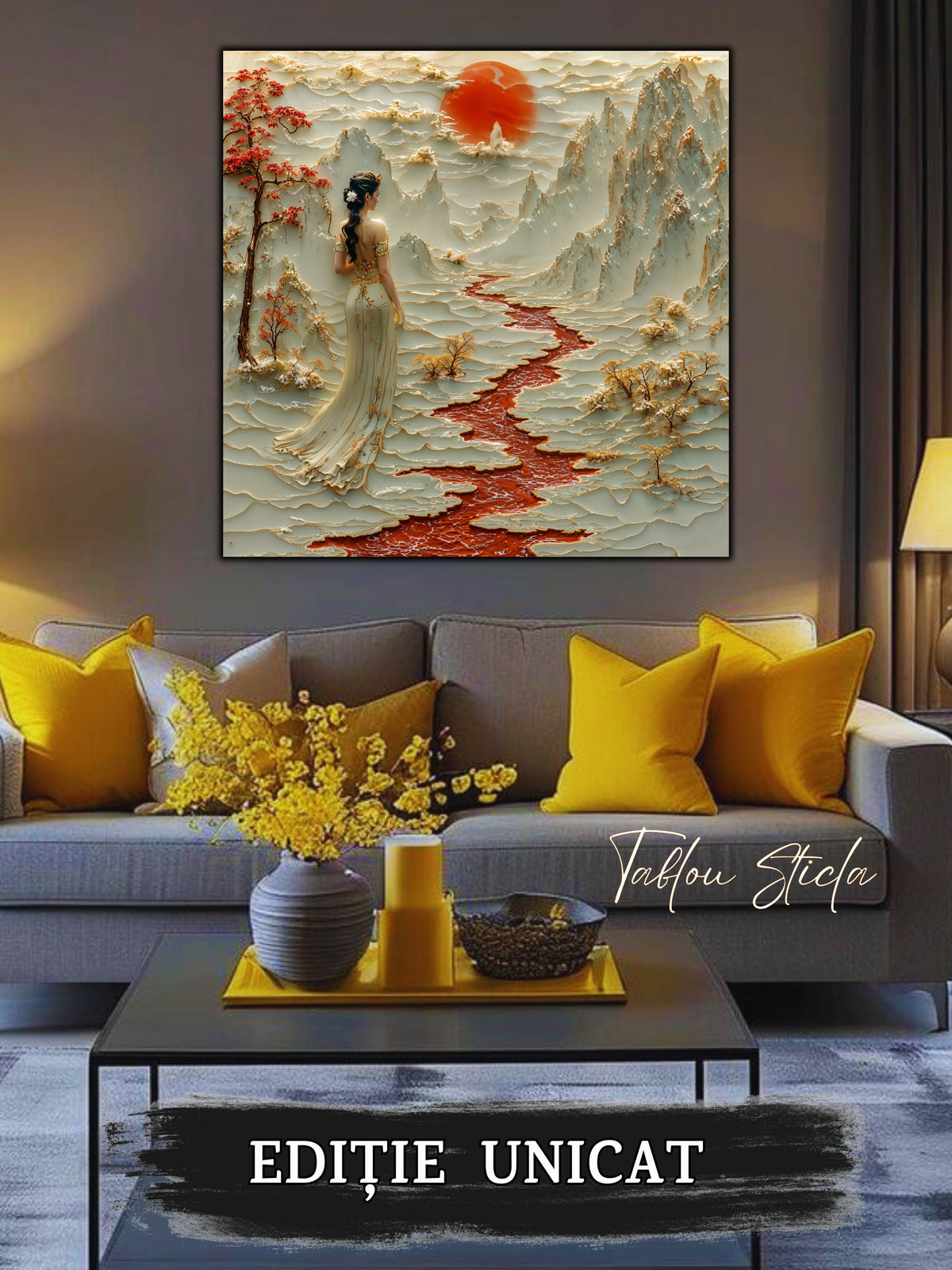 Mockup 3 – Tablou pentru living – Arborii care păstrează lumina: Munți, ramuri roșii și o clipă de tăcere, print UV pe sticlă securizată | Art-Zen