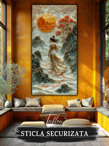 Mockup 3 – Tablou pentru living – Grădina dintre munți: Lumină de chihlimbar, apă și ramuri înflorite, print UV pe sticlă securizată | Art-Zen