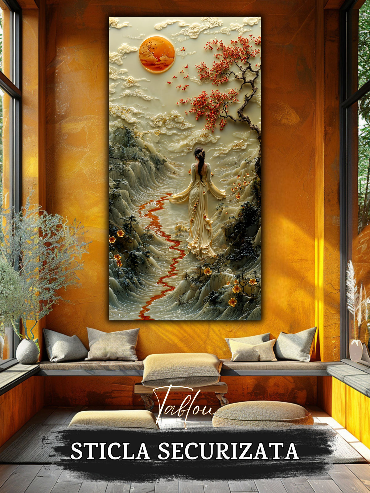 Mockup 3 – Tablou pentru living – Valea cu cer de fildeș: Peisaj calm, lună rotundă și flori roșii, print UV pe sticlă securizată | Art-Zen