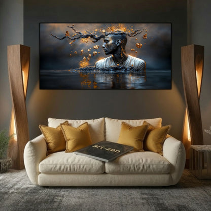 Tablouri moderne living Coroana Ramurilor de Foc deasupra unei canapele crem, într-un decor cu lumină caldă.