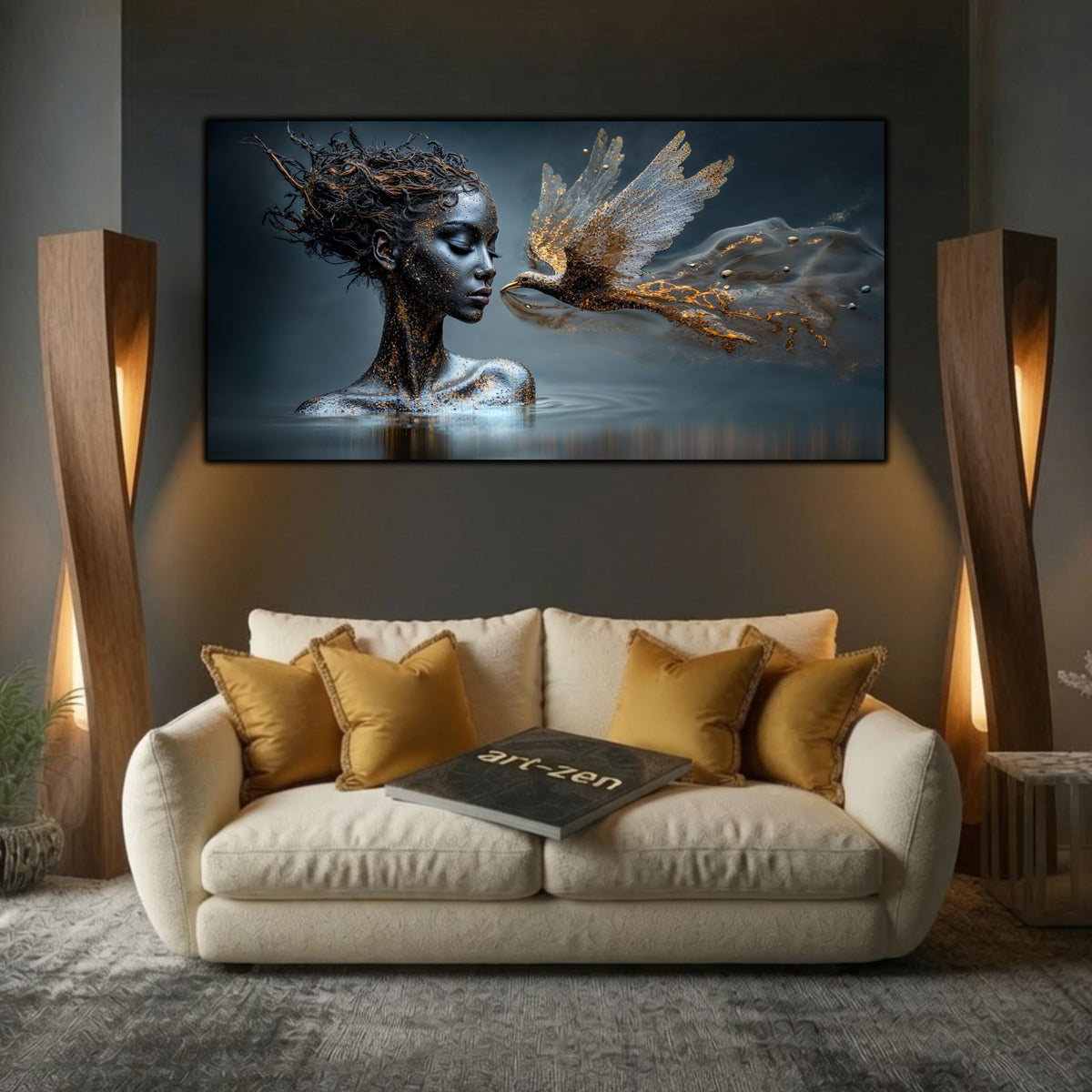 Tablouri moderne living Solul cu Aripi de Aur deasupra unei canapele crem, într-un decor contemporan cu accente aurii.