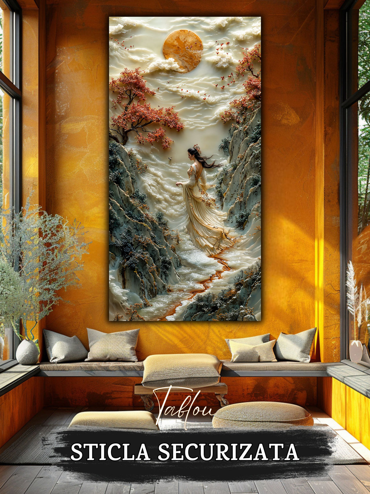 Mockup 3 – Tablou pentru living – Răsărit peste trecătoare: Soarele auriu, stâncile și liniștea mersului, print UV pe sticlă securizată | Art-Zen