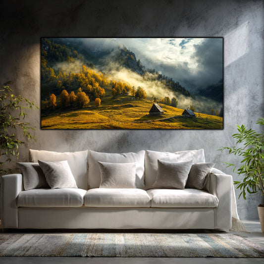 Tablouri moderne sufragerie „The Clearing After Rain” pe sticlă securizată – mockup într-un living contemporan
