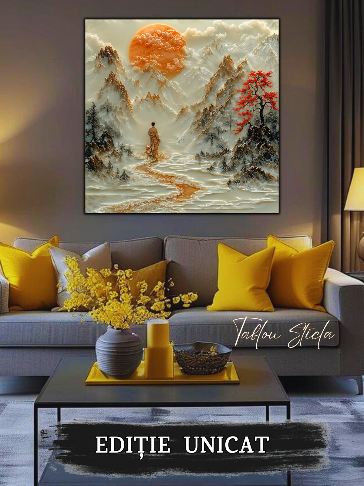Mockup 3 – Tablou pentru living – Locul unde se oprește timpul: O femeie, munții și o liniște luminoasă, print UV pe sticlă securizată | Art-Zen
