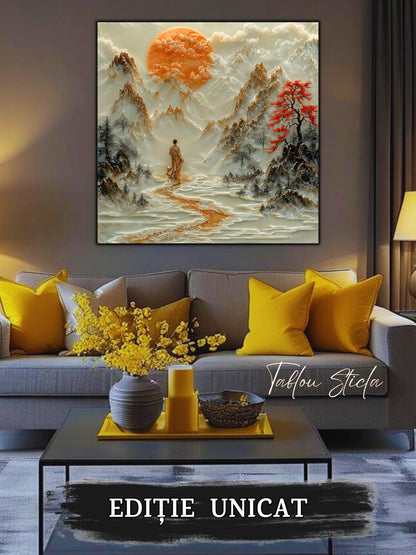 Mockup 3 – Tablou pentru living – Locul unde se oprește timpul: O femeie, munții și o liniște luminoasă, print UV pe sticlă securizată | Art-Zen