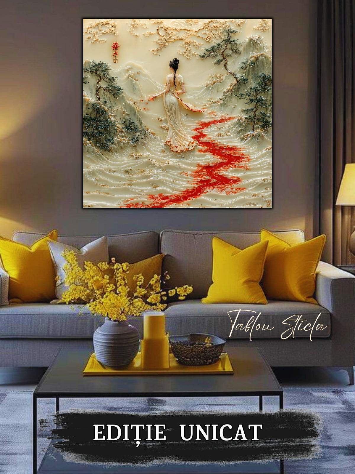Mockup 3 – Tablou pentru living – Apa care își amintește: Un mal liniștit, o prezență fină și o cărare de apă, print UV pe sticlă securizată | Art-Zen
