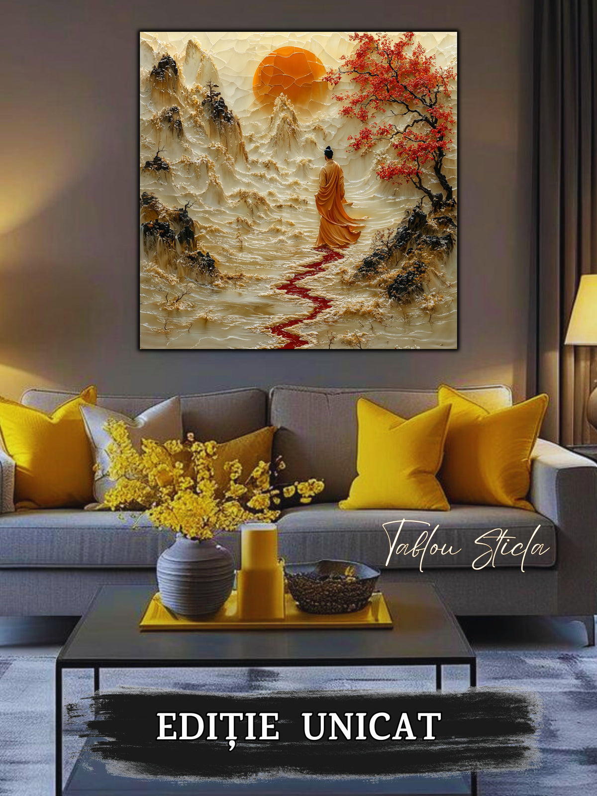 Mockup 1 – Tablou pentru living – Drumul de cinabru: Mersul curajos al unui călător spre lumina din depărtare, print UV pe sticlă securizată | Art-Zen