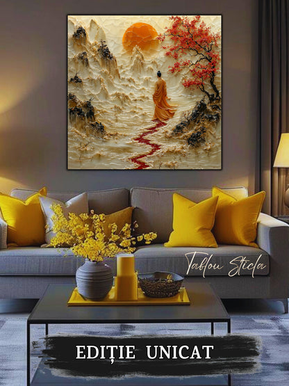 Mockup 1 – Tablou pentru living – Drumul de cinabru: Mersul curajos al unui călător spre lumina din depărtare, print UV pe sticlă securizată | Art-Zen