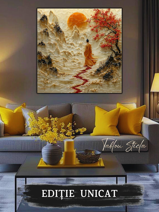Mockup 1 – Tablou pentru living – Drumul de cinabru: Mersul curajos al unui călător spre lumina din depărtare, print UV pe sticlă securizată | Art-Zen