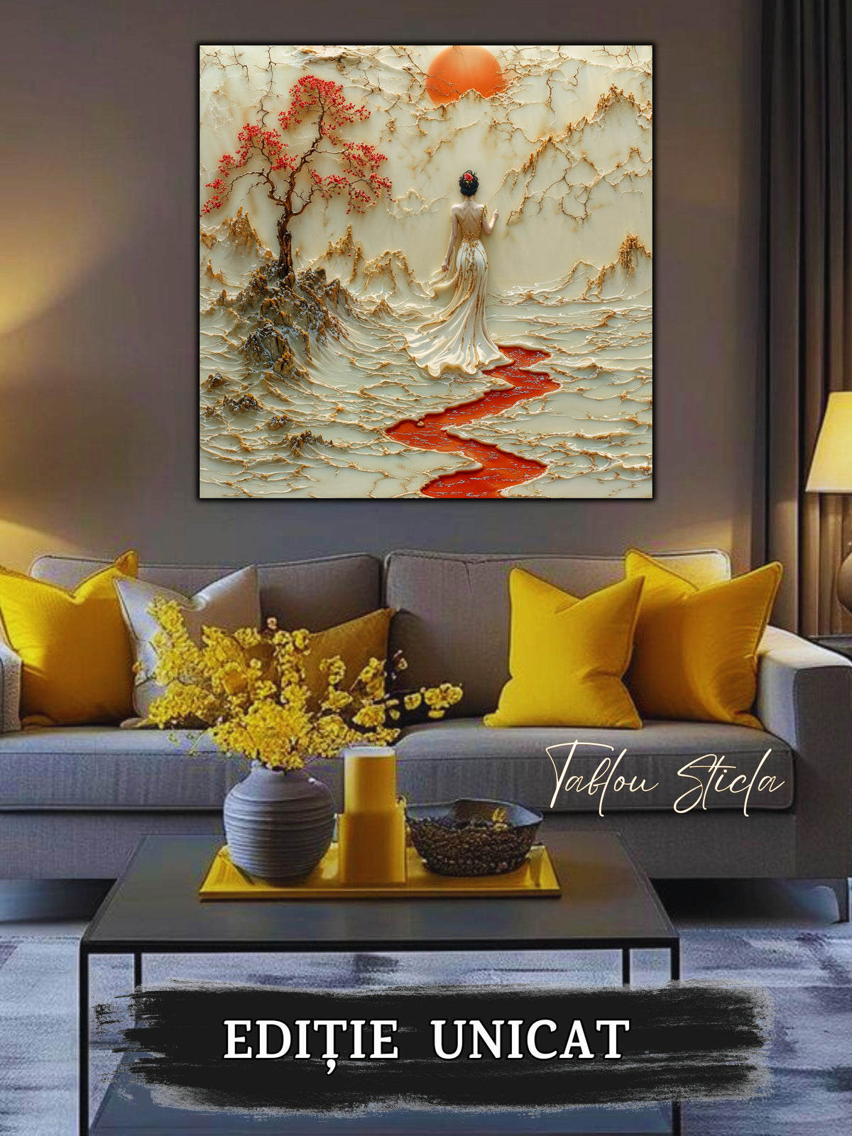 Mockup 2 – Tablou pentru living – Umbra blândă a lunii: O prezență singură sub copaci și cer de chihlimbar, print UV pe sticlă securizată | Art-Zen