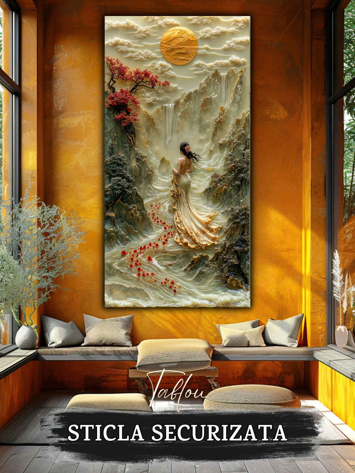 Mockup 3 – Tablou pentru living – Înainte de zbor: O siluetă în lumină, păsări și o cale care se deschide, print UV pe sticlă securizată | Art-Zen