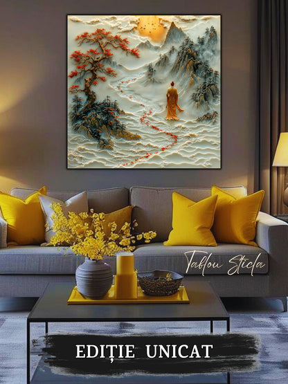 Mockup 3 – Tablou pentru living – Râul de cinabru: Un fir roșu care traversează calm peisajul montan, print UV pe sticlă securizată | Art-Zen
