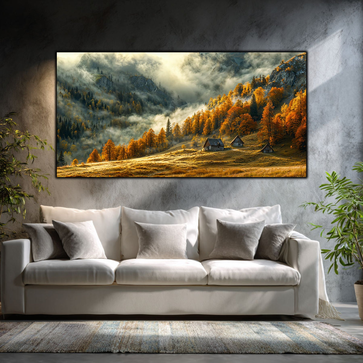 Tablouri moderne sufragerie „The Golden Valley” pe sticlă securizată – mockup într-un living contemporan
