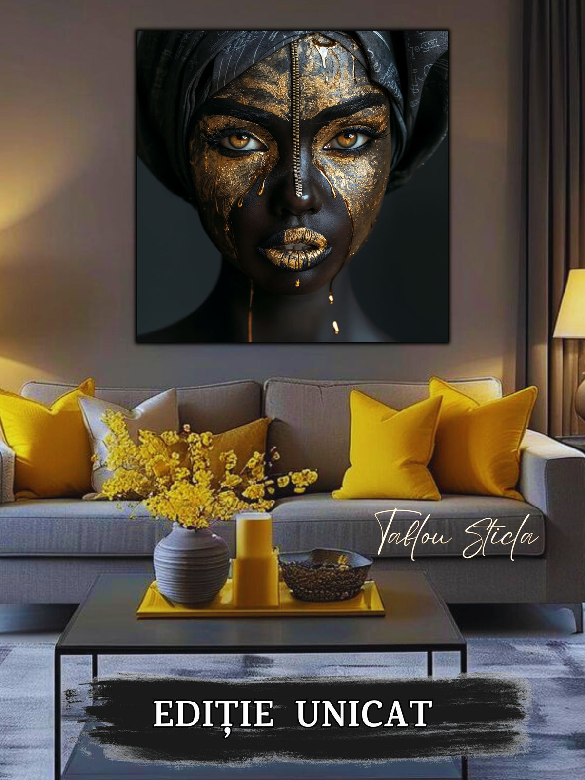 Tablou living contemporan Golden Fractures sticla 4mm - mockup vedere 1