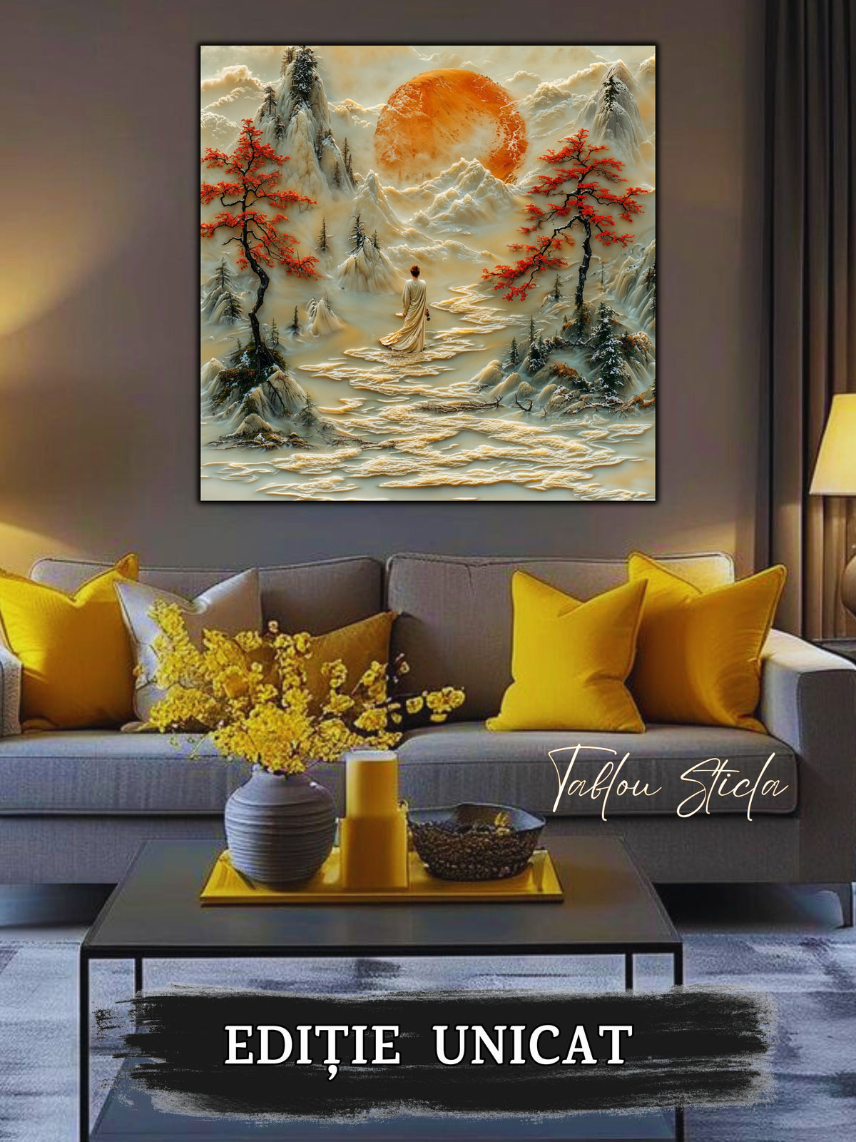 Mockup 3 – Tablou pentru living – Poiana fără grabă: Lumina aurie, munții și cărarea care se lasă privită, print UV pe sticlă securizată | Art-Zen