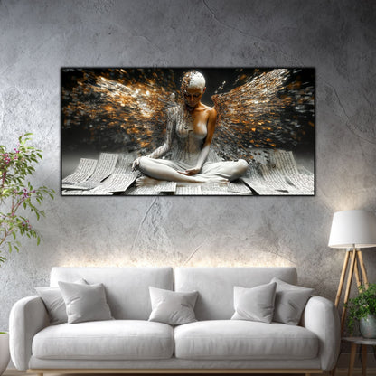Tablou decorativ living Memoria Tăcerii, figură meditativă cu pagini și aripi aurii, deasupra canapelei albe.