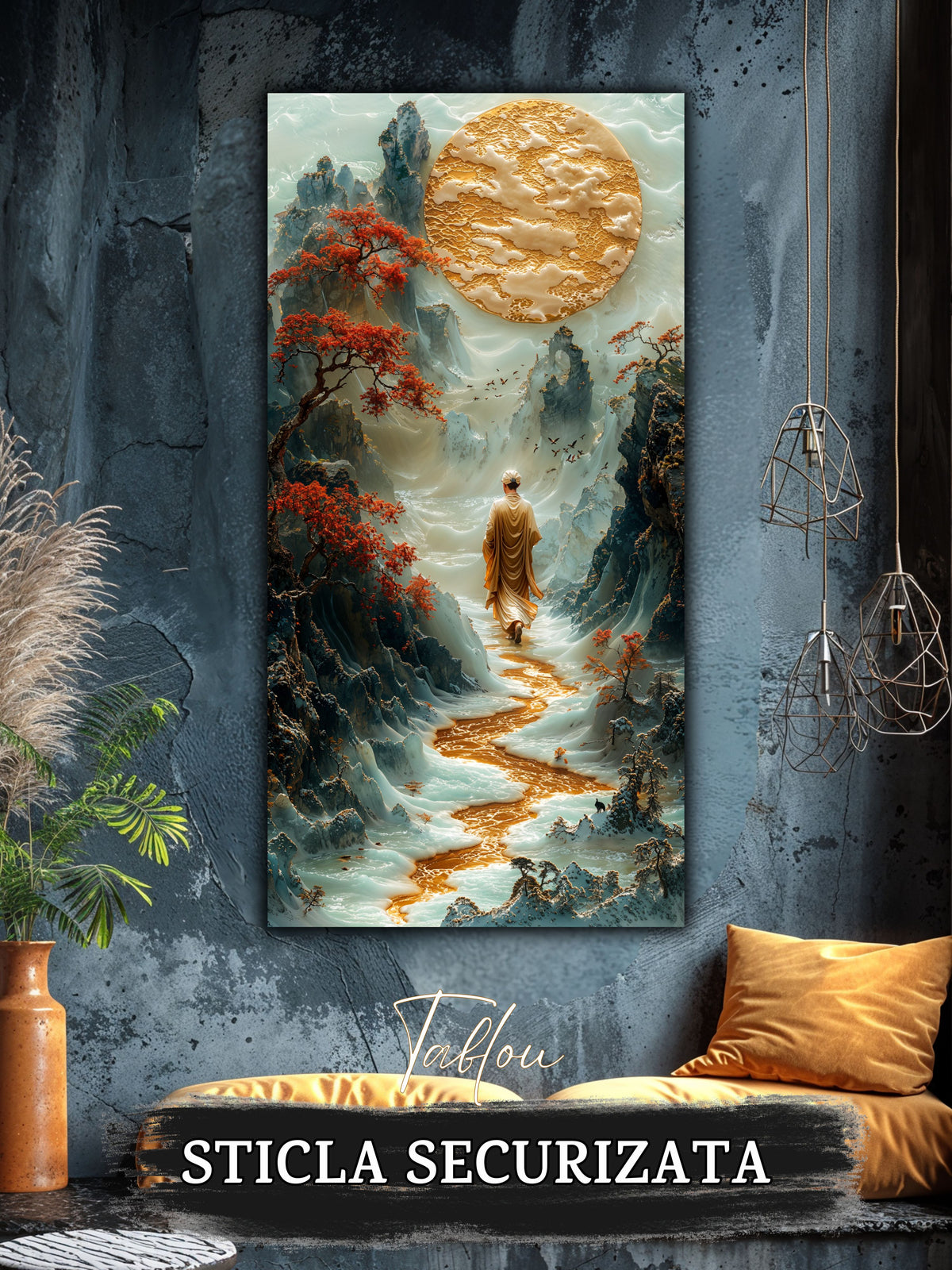 Mockup 3 – Tablou pentru living – Vârful de chihlimbar: Munți în relief, lună aurie și o figură în contemplare, print UV pe sticlă securizată | Art-Zen
