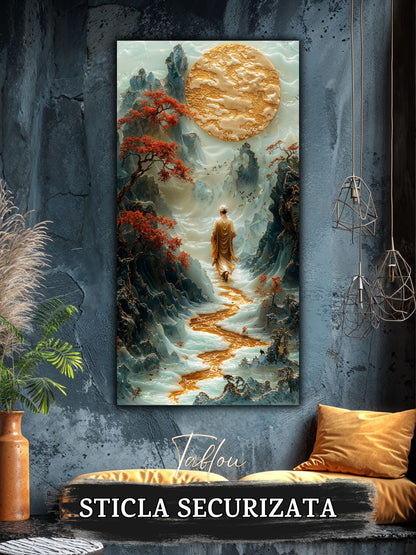 Mockup 3 – Tablou pentru living – Vârful de chihlimbar: Munți în relief, lună aurie și o figură în contemplare, print UV pe sticlă securizată | Art-Zen