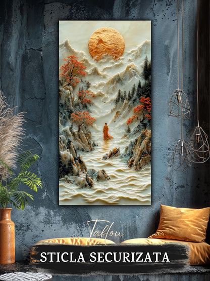 Mockup 3 – Tablou pentru living – Călătorul din valea albă: Un om mic într-un peisaj vast, sub copaci roșii, print UV pe sticlă securizată | Art-Zen