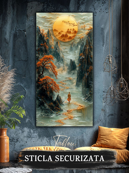 Mockup 3 – Tablou pentru living – Lumina din depărtare: O cale aurie spre munți, apă și spațiu interior, print UV pe sticlă securizată | Art-Zen