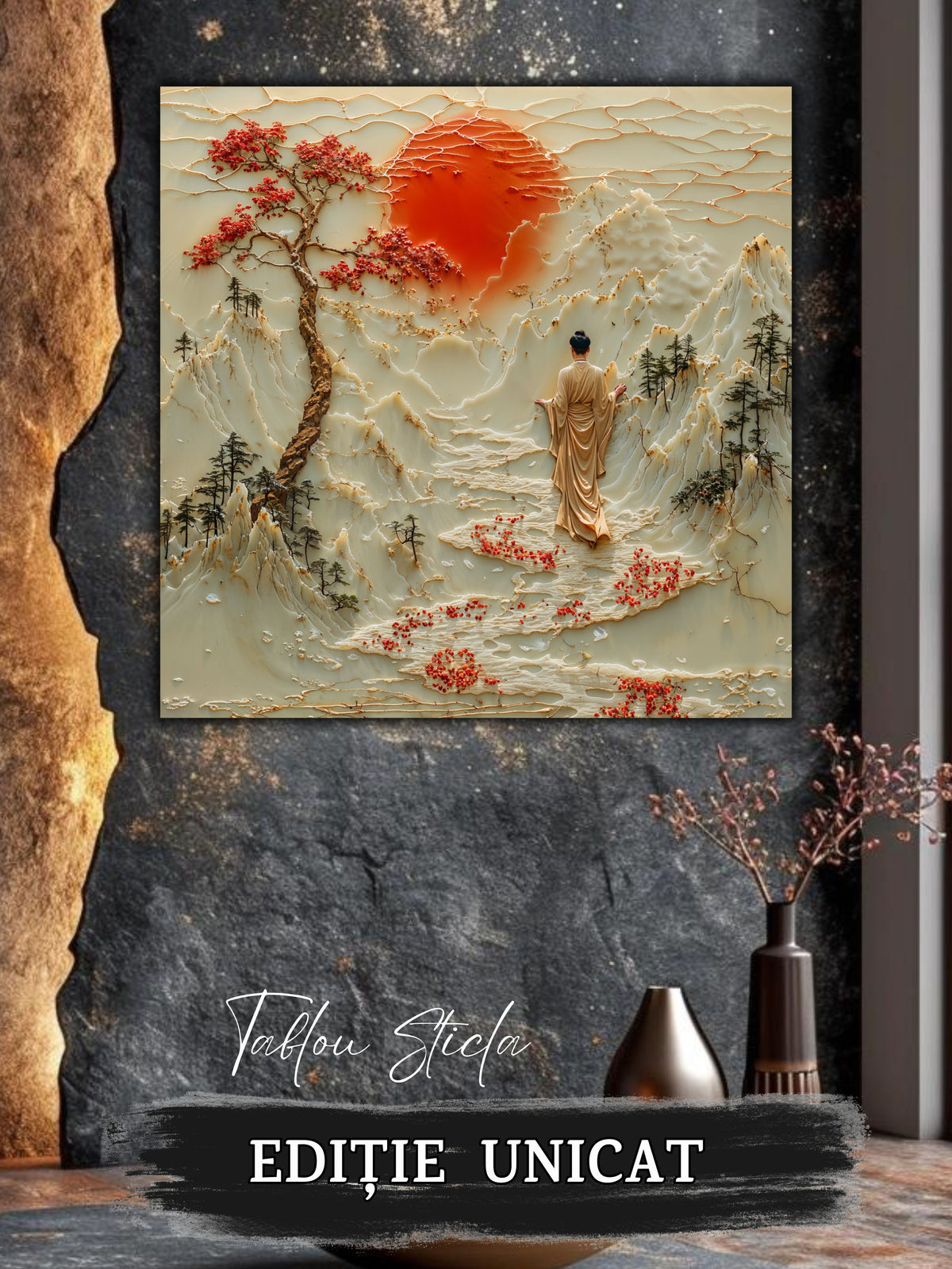 Mockup 3 – Tablou pentru living – Apa de sub soare: O cale fluidă care leagă munții de o lumină blândă, print UV pe sticlă securizată | Art-Zen