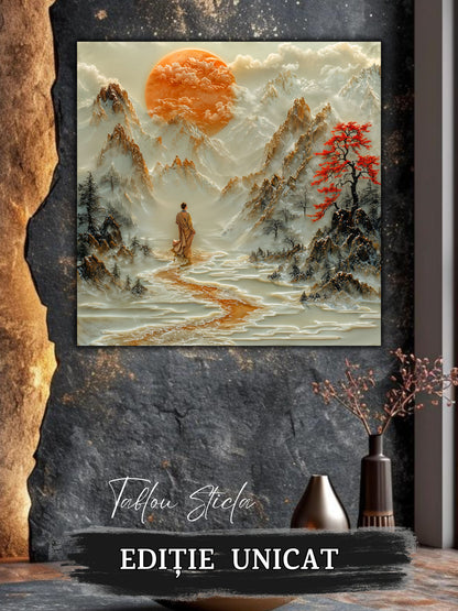 Mockup 4 – Tablou pentru living – Locul unde se oprește timpul: O femeie, munții și o liniște luminoasă, print UV pe sticlă securizată | Art-Zen