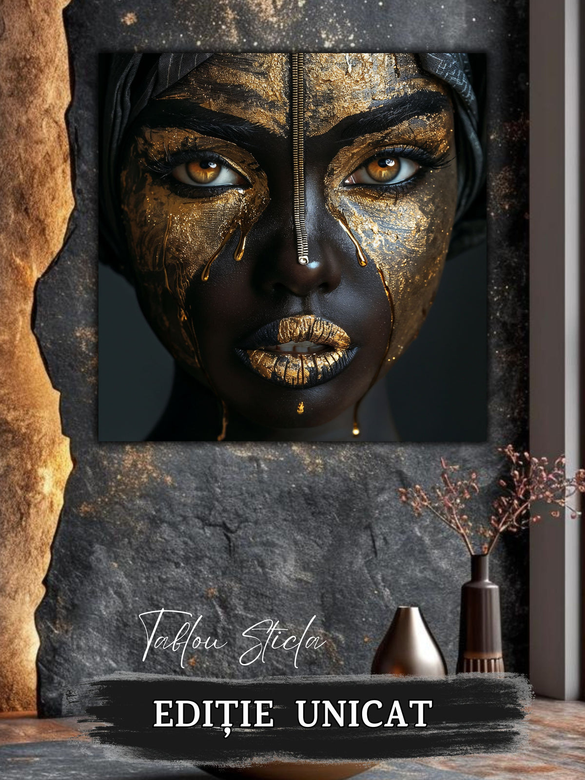 Tablou sufragerie elegant Silent Gold sticla securizata 4mm - mockup vedere 3