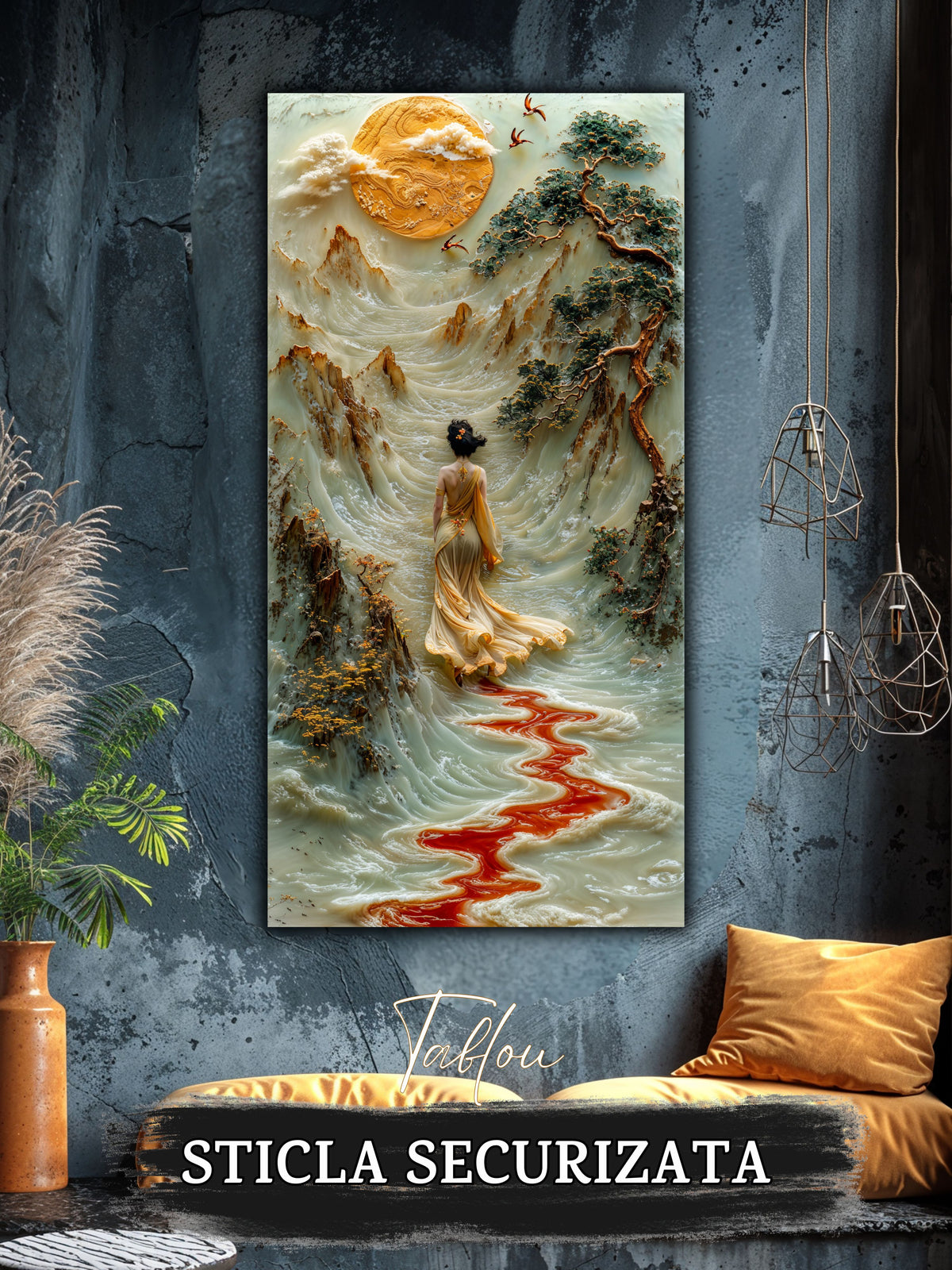 Mockup 4 – Tablou pentru living – Râul care duce acasă: O femeie în lumină, munți și un fir roșu de apă, print UV pe sticlă securizată | Art-Zen