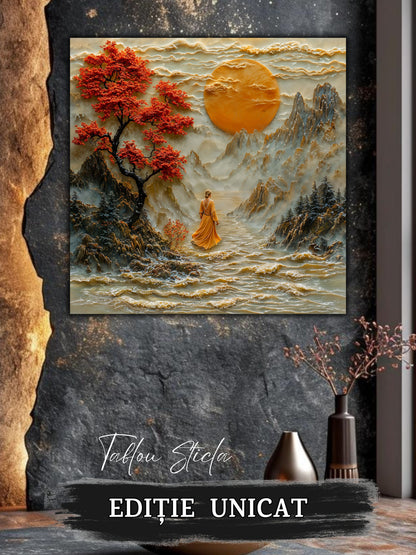 Mockup 4 – Tablou pentru living – Luna din valea albă: Un drum de apă, un cer auriu și relieful contemplativ, print UV pe sticlă securizată | Art-Zen