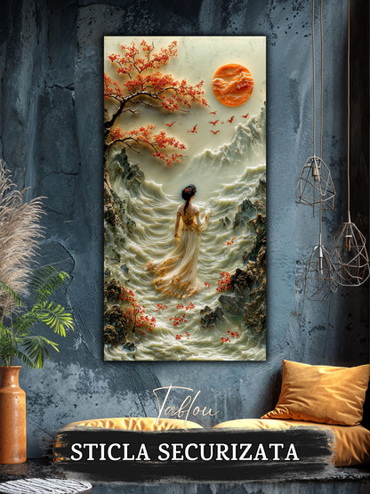 Mockup 4 – Tablou pentru living – Soarele dintre ramuri: O prezență fină și păsări sub luna portocalie, print UV pe sticlă securizată | Art-Zen