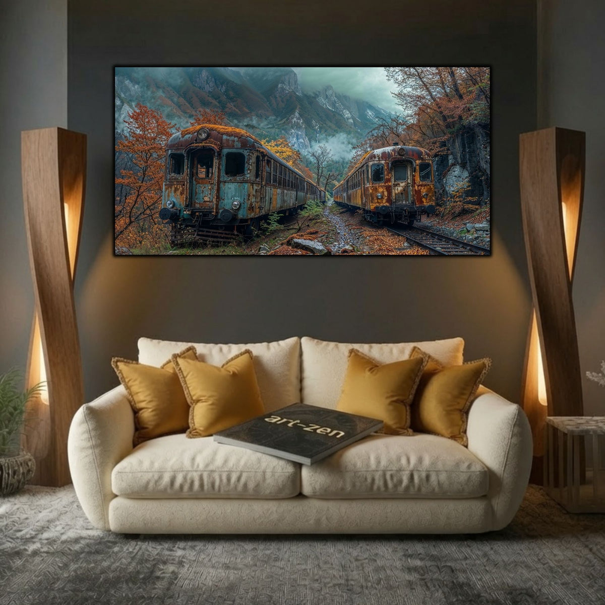 Tablou modern pentru sufragerie „Twin Ruins” – mockup decorativ cu drum, casă sau gară uitată