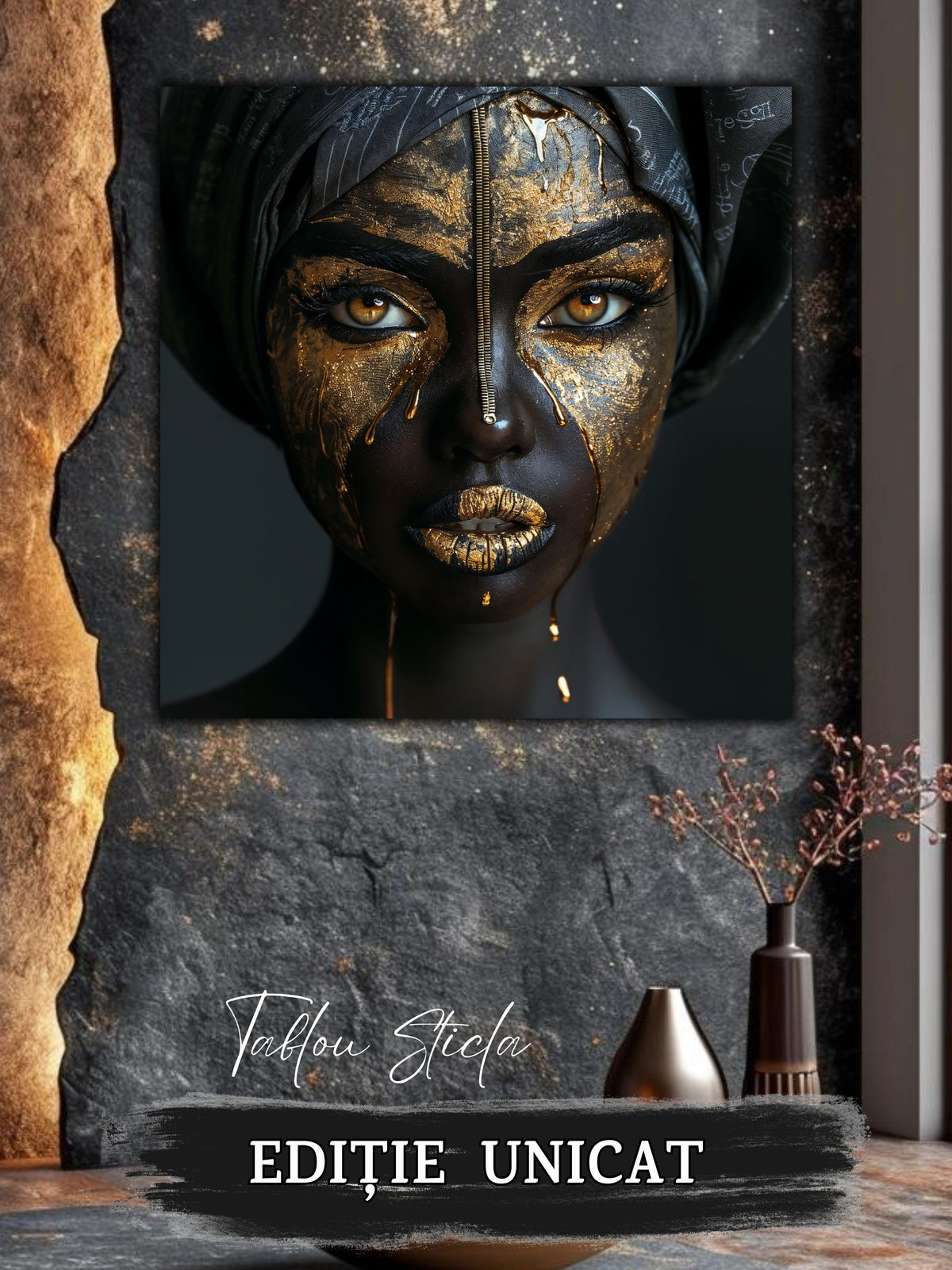 Tablou living contemporan Golden Fractures sticla 4mm - mockup vedere 3