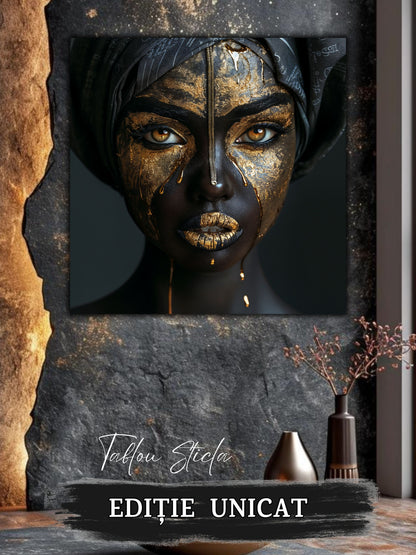 Tablou living contemporan Golden Fractures sticla 4mm - mockup vedere 3
