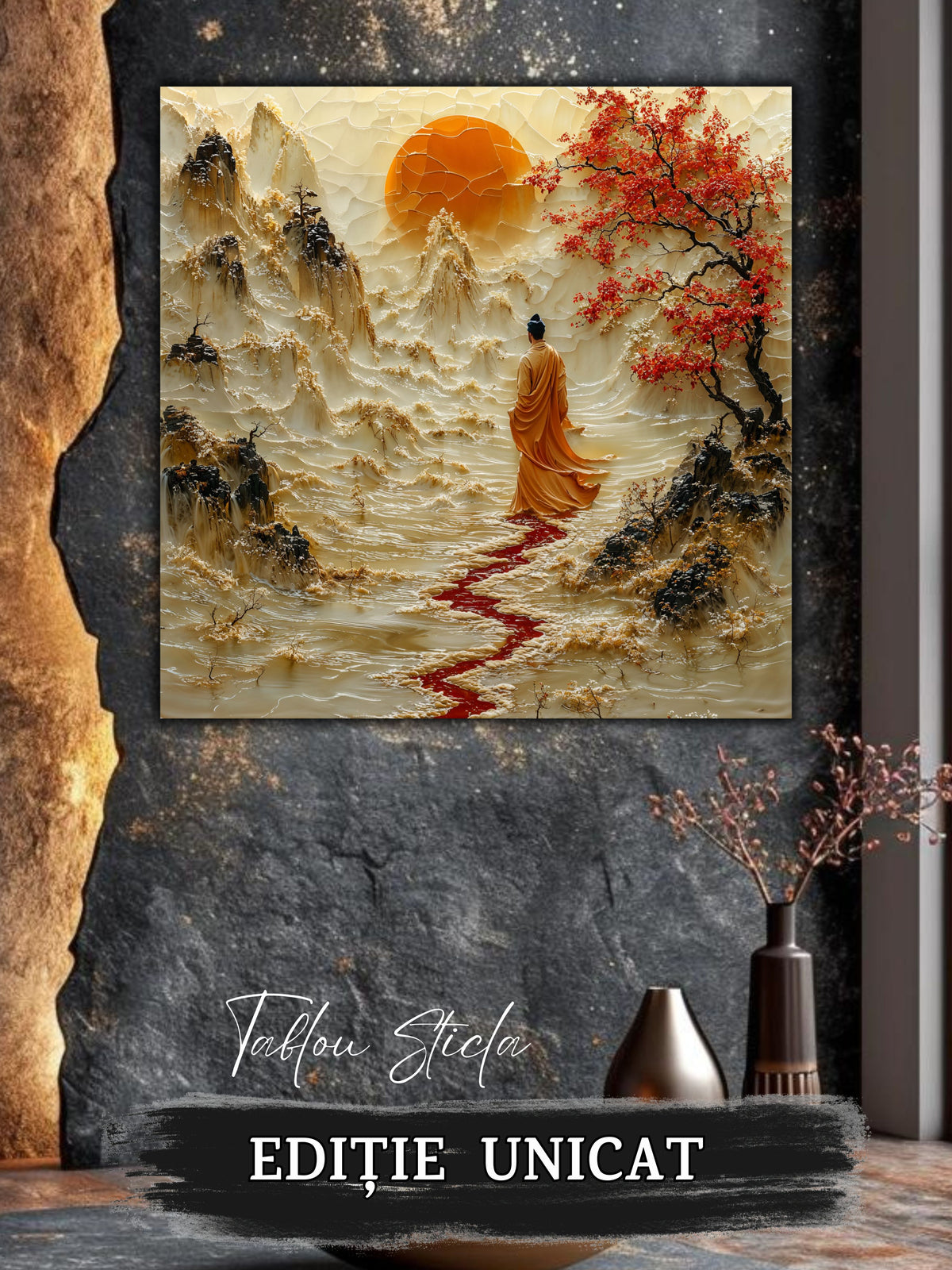 Mockup 3 – Tablou pentru living – Drumul de cinabru: Mersul curajos al unui călător spre lumina din depărtare, print UV pe sticlă securizată | Art-Zen