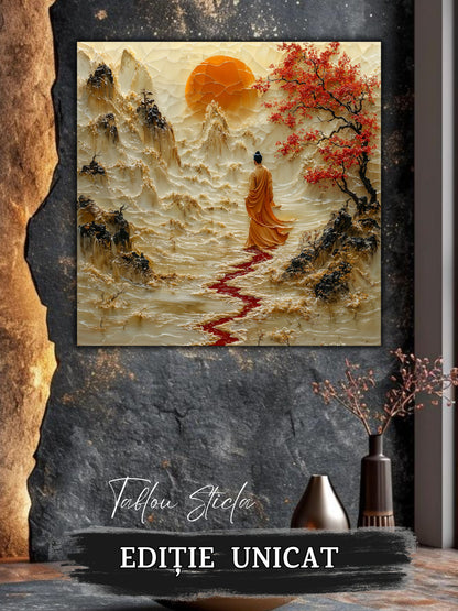 Mockup 3 – Tablou pentru living – Drumul de cinabru: Mersul curajos al unui călător spre lumina din depărtare, print UV pe sticlă securizată | Art-Zen