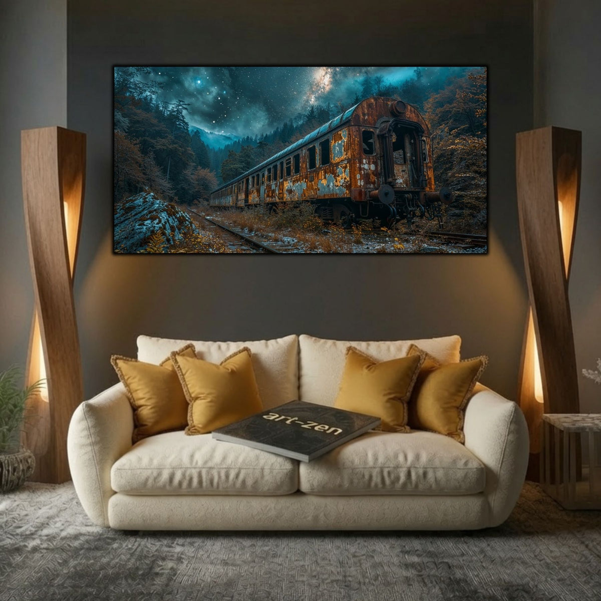 Tablou modern pentru sufragerie „Last Carriage” – mockup decorativ cu drum, casă sau gară uitată