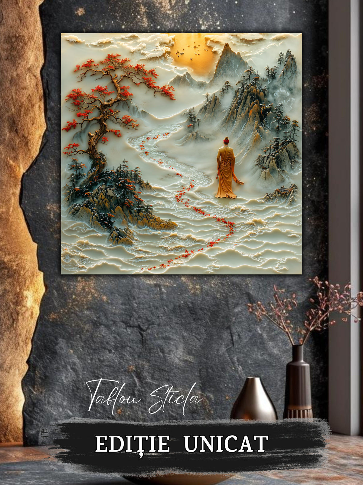 Mockup 4 – Tablou pentru living – Râul de cinabru: Un fir roșu care traversează calm peisajul montan, print UV pe sticlă securizată | Art-Zen