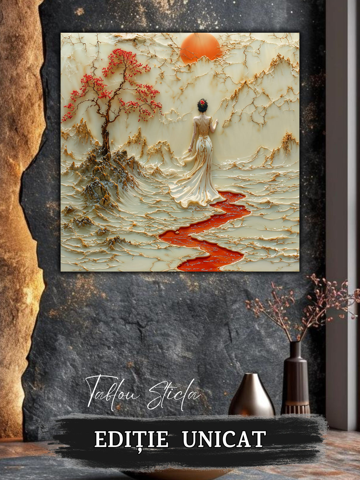 Mockup 3 – Tablou pentru living – Umbra blândă a lunii: O prezență singură sub copaci și cer de chihlimbar, print UV pe sticlă securizată | Art-Zen