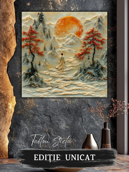 Mockup 4 – Tablou pentru living – Poiana fără grabă: Lumina aurie, munții și cărarea care se lasă privită, print UV pe sticlă securizată | Art-Zen
