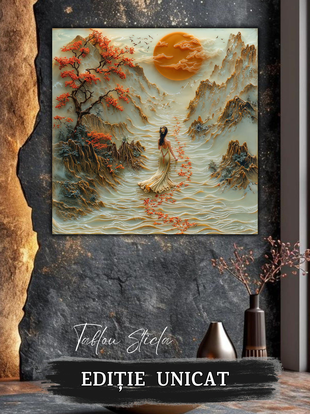 Mockup 4 – Tablou pentru living – Păsările din zori: Un cer cald, o lună plină și spațiu pentru respirație, print UV pe sticlă securizată | Art-Zen