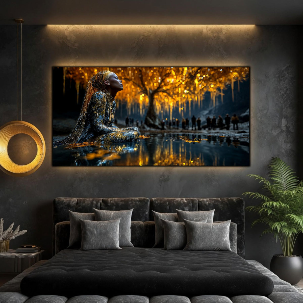 Tablou Living Sticlă – The Watcher Beneath Gold