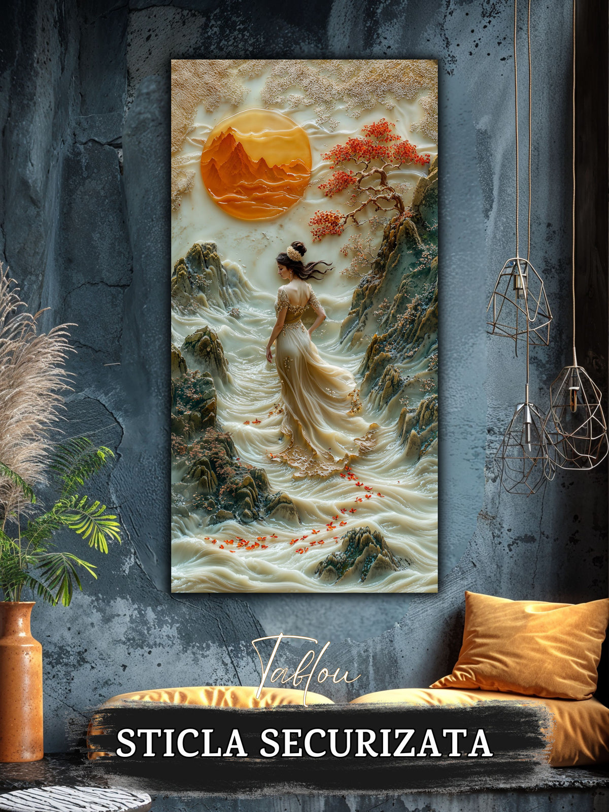 Mockup 4 – Tablou pentru living – Grădina dintre munți: Lumină de chihlimbar, apă și ramuri înflorite, print UV pe sticlă securizată | Art-Zen