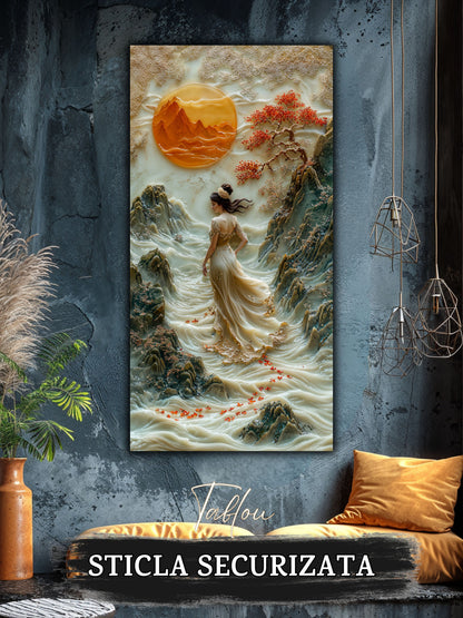Mockup 4 – Tablou pentru living – Grădina dintre munți: Lumină de chihlimbar, apă și ramuri înflorite, print UV pe sticlă securizată | Art-Zen